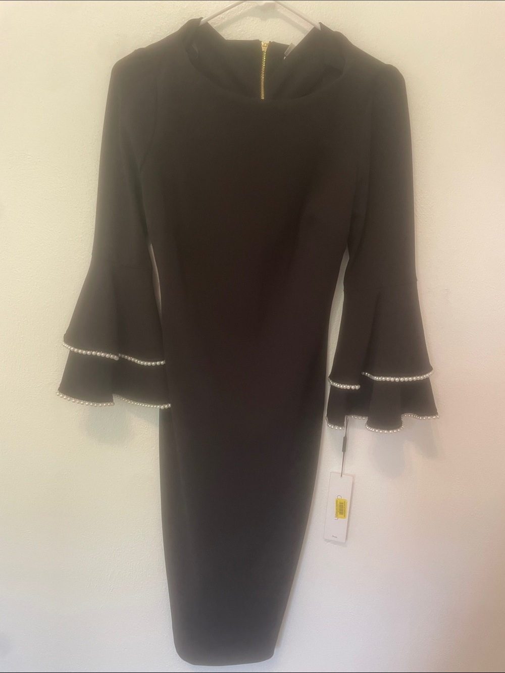 Calvin Klein Black Bell-Sleeve Pearl-Trim Midi Dress